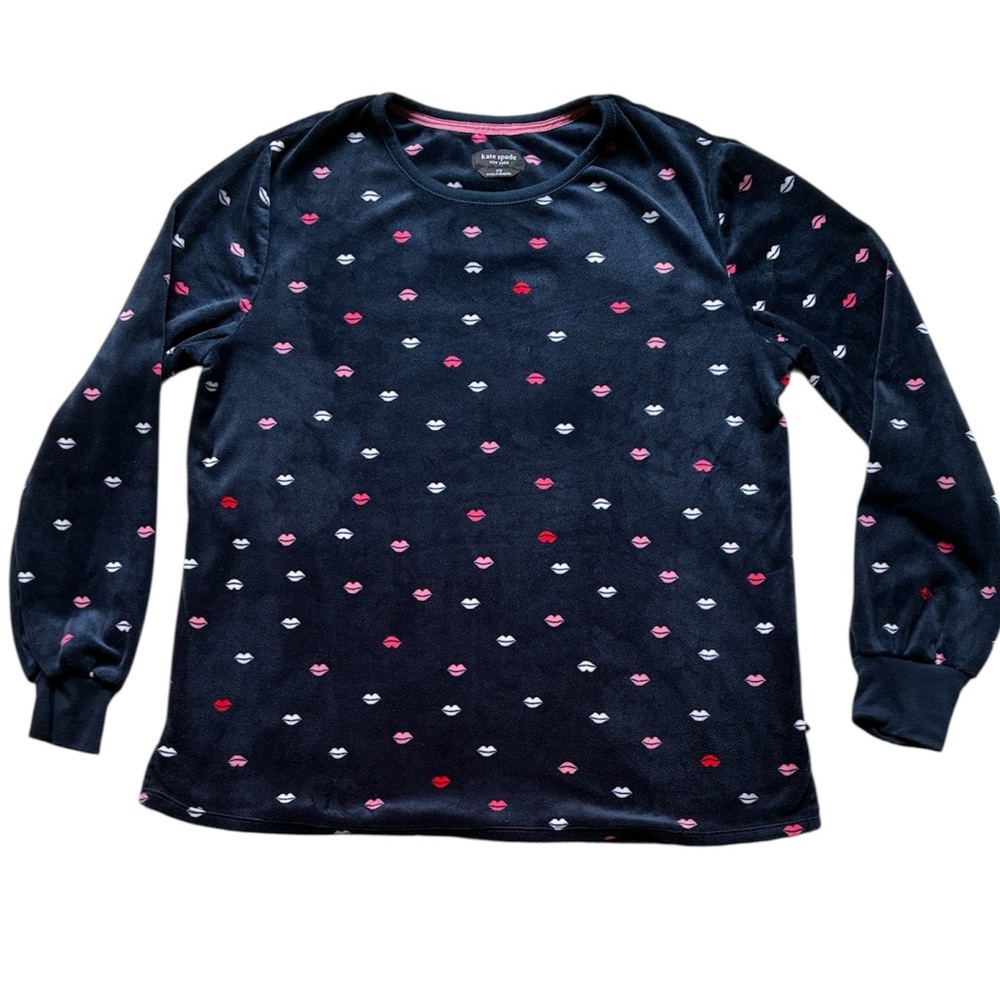 Kate Spade New York Women’s Velour Navy Lips Print Long Sleeve Top Size Small